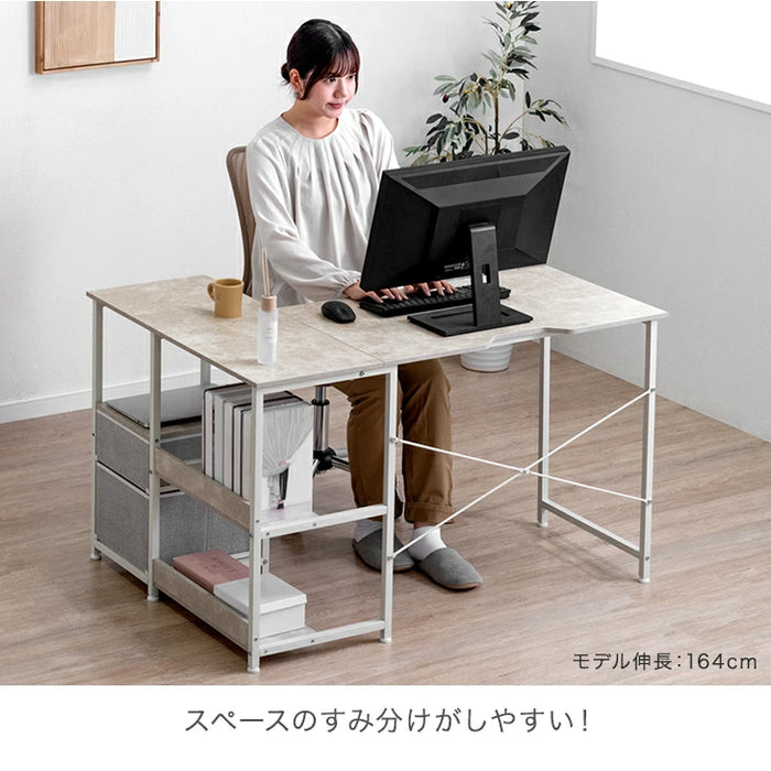 ［幅120］パソコンデスク L字 左右組換OK 引出し付 棚付き 粉体塗装〔72600093〕