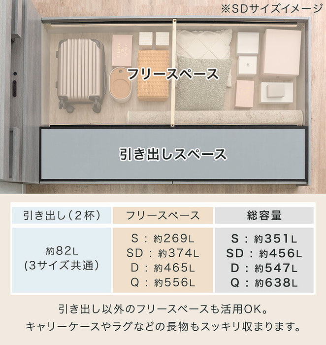［クイーン］宮付きベッド フレーム単品 引き出し収納付き 2口コンセント 照明 ブックシェルフ【超大型商品】〔74800106〕