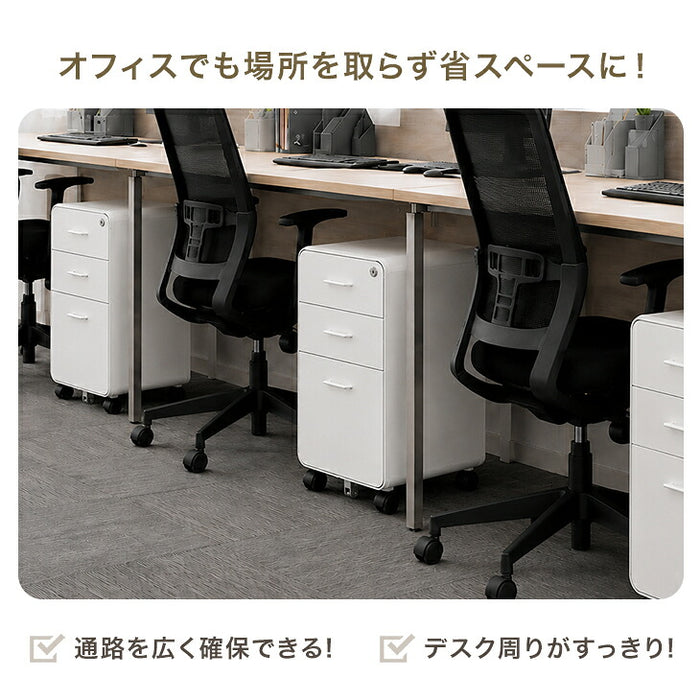［個人のお客様］スリム デスクワゴン 3段 キャスター付き 完成品 鍵付き 全段フルオープン〔77400028a〕