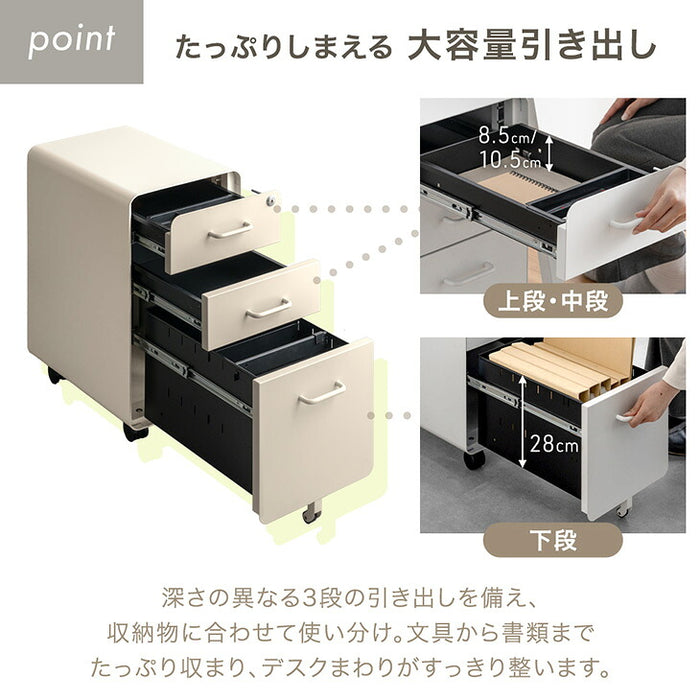 【新発売記念プライス】［個人のお客様］スリム デスクワゴン 3段 キャスター付き 完成品 鍵付き 全段フルオープン〔77400028a〕