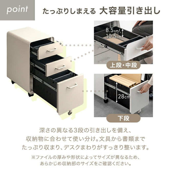 ［個人のお客様］スリム デスクワゴン 3段 キャスター付き 完成品 鍵付き 全段フルオープン〔77400028a〕