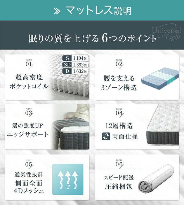 ［ダブル］2口コンセント付き ベッド マットレス付き 超高密度コイル ローベッド ポケットコイルマットレス 木製フレーム〔11719324〕