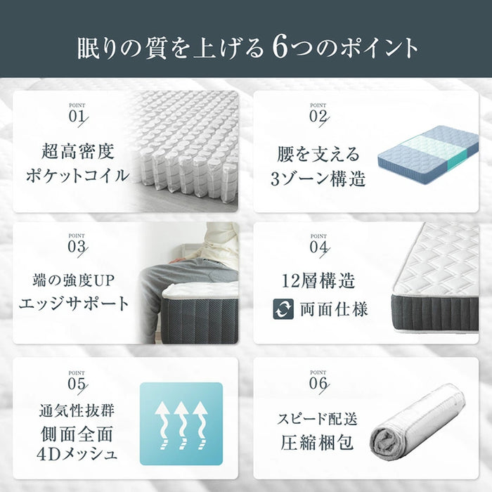 [セミダブル] マットレス 3ゾーン構造 超高密度 ポケットコイル 厚み21cm 4Dメッシュ 抗菌 調湿 硬め リバーシブル エッジサポート〔77500003〕
