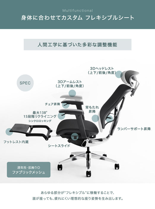 座り心地フルカスタム 多機能 ワークチェア 3Dアームレスト 15段階リクライニング フットレスト シートスライド ランバーサポート〔79100002〕