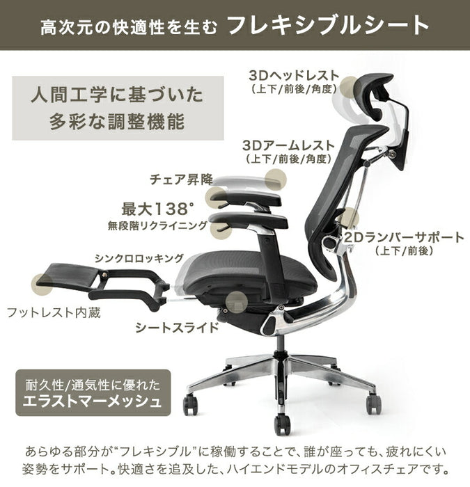 高次元の多機能 オフィスチェア 3Dアームレスト 無段階リクライニング シートスライド ヘッドレスト フットレスト メッシュ〔79100003〕