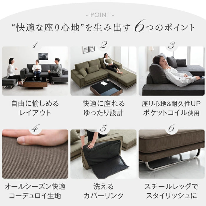 コーデュロイソファ 4人掛け カウチソファ  L字 コーナーソファ【玄関渡し】 【超大型商品】〔82500004〕