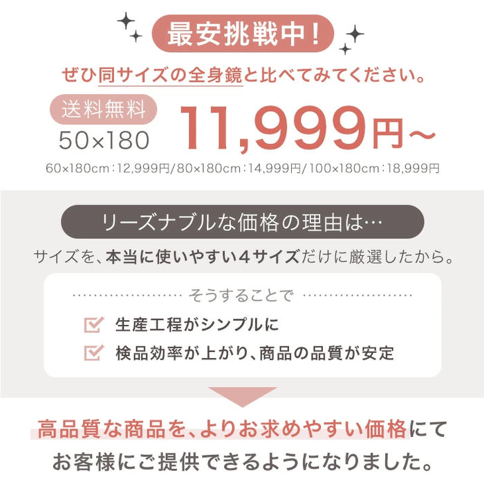 ［幅50cm］割れない全身鏡 高さ180cm フレームレス 超軽量 壁掛け シンプル〔83800001〕