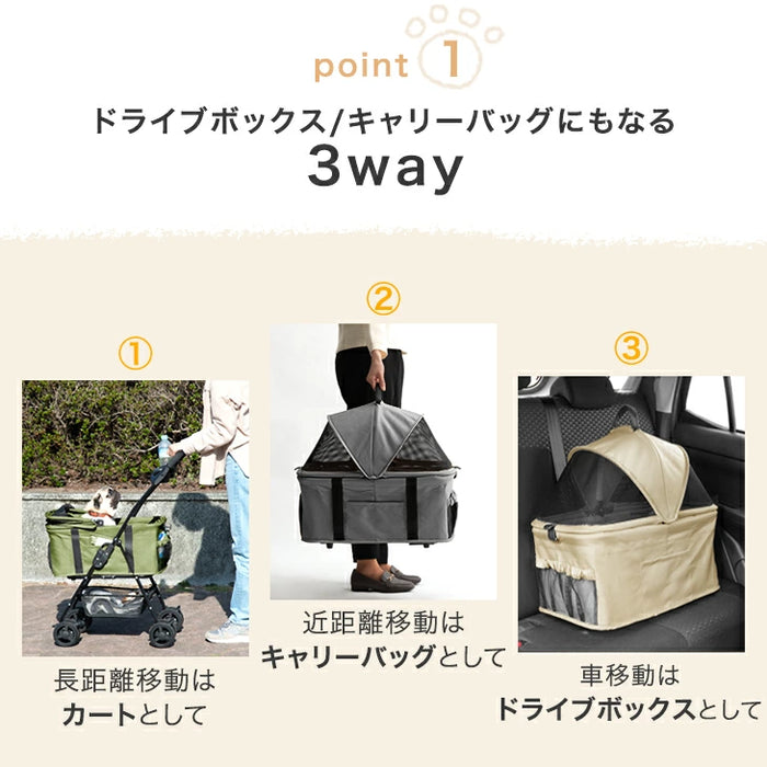折り畳み わんタッチ 3way ペットカート ライト 耐荷重 15kg レインカバー ドリンクホルダー 取り外し可能 フルオープン 自立可〔84000012〕