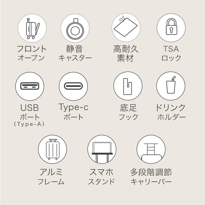 ≪フロントオープン≫ 頑丈 多機能キャリーケース アルミフレーム Mサイズ 62L USB type-c カップホルダー キャスター スーツケース〔84200005〕