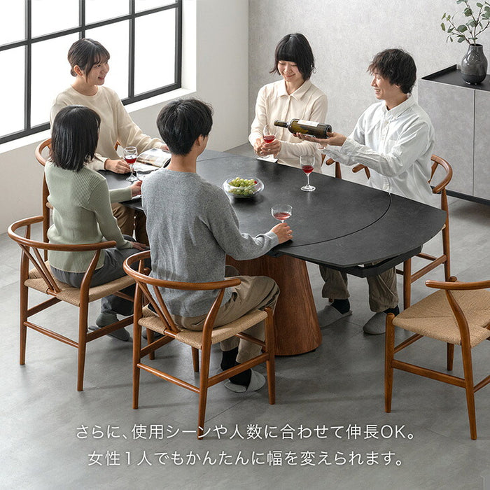 【新発売記念プライス】伸長式 円形ダイニングテーブル 単品 セラミック ～6人掛け 楕円 エクステンション 石目調 木目 1本脚【搬入設置込み】【超大型商品】〔99901338〕