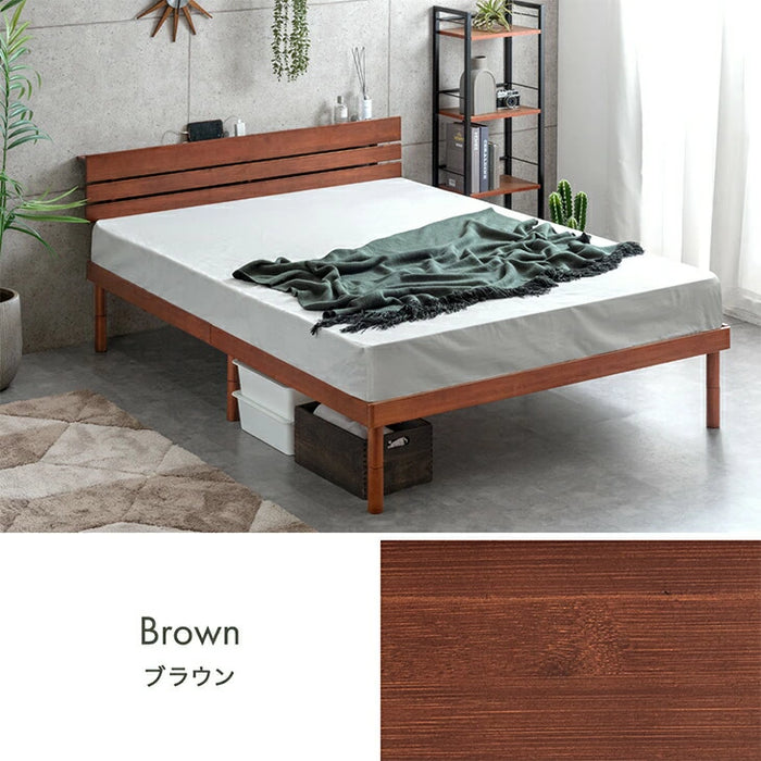 ［セミダブル］天然竹 すのこベッド マットレス付 ボンネルコイル 宮棚＆2口コンセント 3段階高さ調整 頑丈 竹〔91900104〕