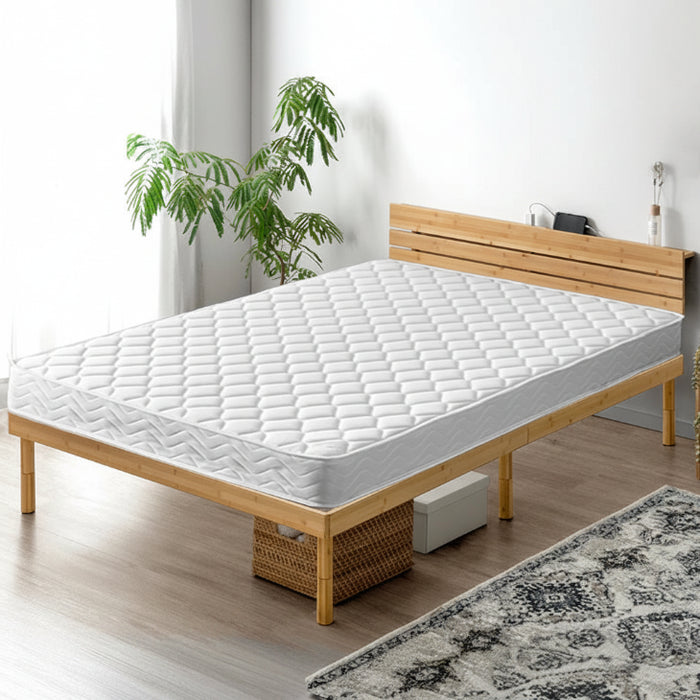 ［ダブル］宮棚＆2口コンセント付 天然竹すのこベッド マットレスセット ボンネルコイルマットレス〔91900105〕
