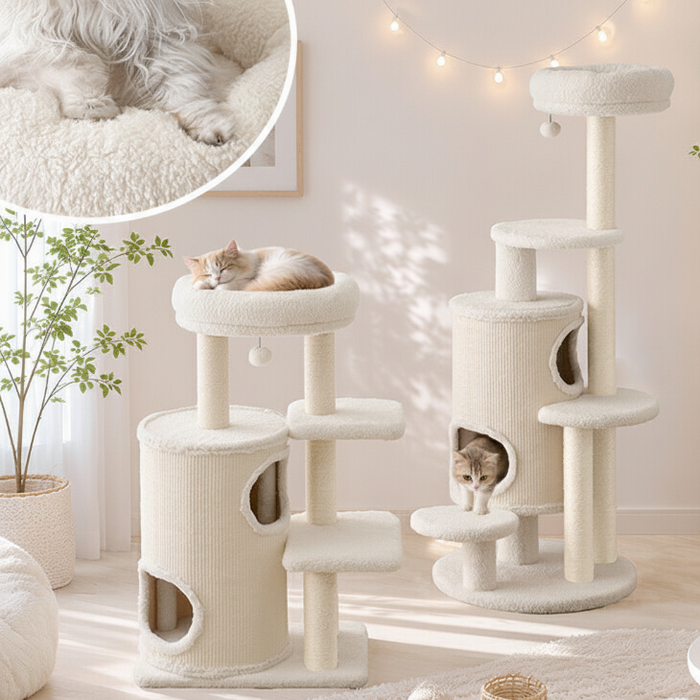［98cm］キャットタワー ワントーン ハウス着脱OK 据え置き 爪とぎ 麻紐 猫 キャットハウス 布 洗える 省スペース おしゃれ〔92700003〕