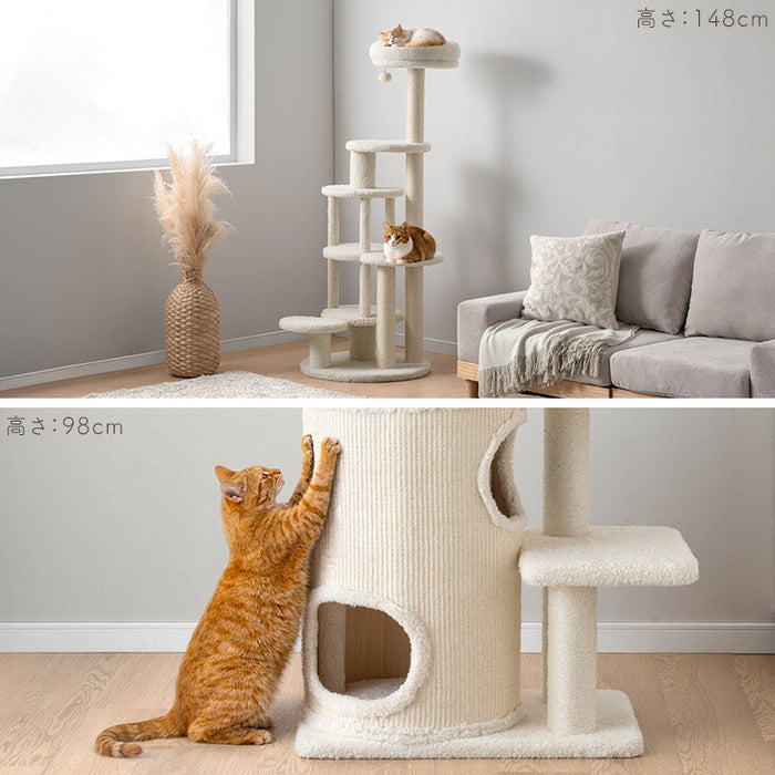 ［98cm］キャットタワー ワントーン ハウス着脱OK 据え置き 爪とぎ 麻紐 猫 キャットハウス 布 洗える 省スペース おしゃれ〔92700003〕