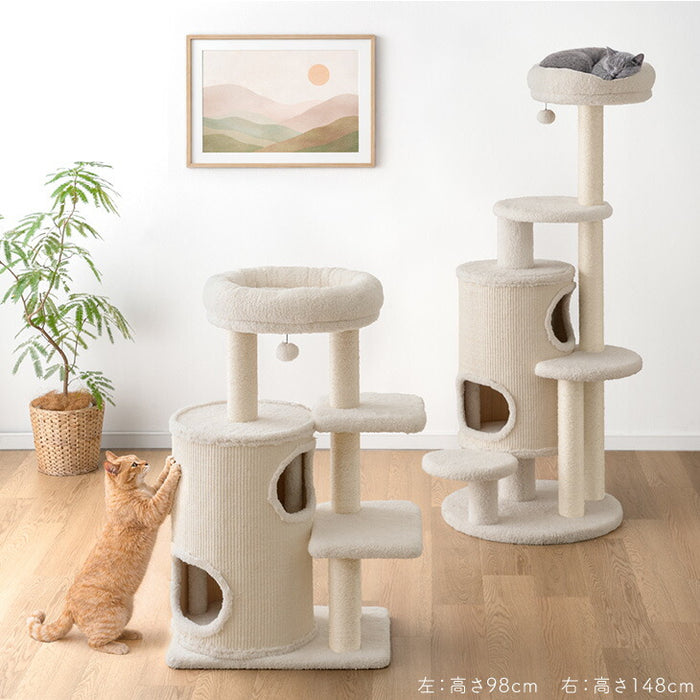 ［98cm］キャットタワー ワントーン ハウス着脱OK 据え置き 爪とぎ 麻紐 猫 キャットハウス 布 洗える 省スペース おしゃれ〔92700003〕