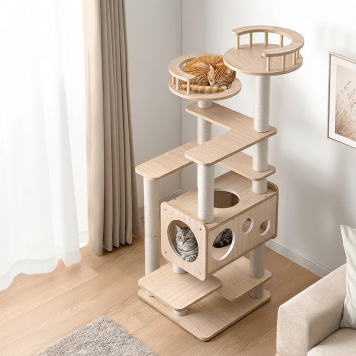 キャットタワー 木目調 据え置き型 爪とぎ 麻紐 置き型 隠れ家付き 北欧 キャットハウス〔92700005〕