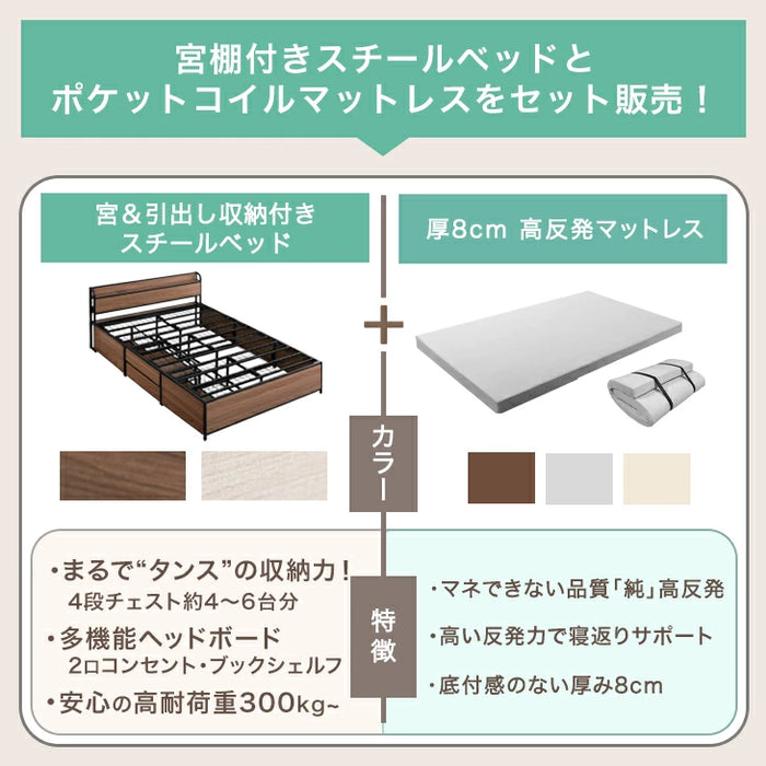 ［ダブル］まるでタンスの収納力 大容量 収納ベッド 高反発マットレスセット 2コンセント 宮棚 三つ折り マットレス 引き出し〔99900478〕