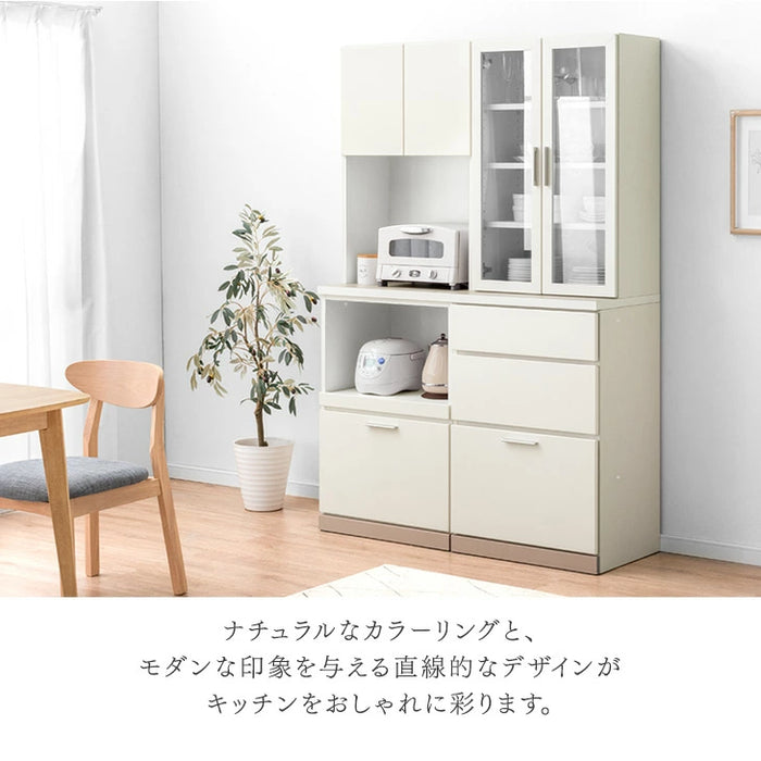 ［120cm・上部扉+ガラス扉・スライド棚+オープン］大型レンジ対応 キッチンラック 日本製 完成品 キッチン収納〔99900957〕