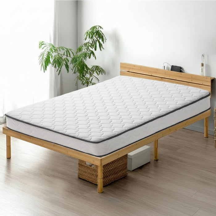 ［シングル］宮棚＆2口コンセント付 天然竹 すのこベッドマットレス付 ポケットコイル 極厚22cm〔99910910〕