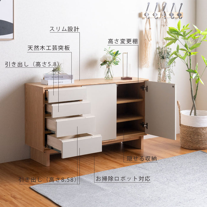 [幅120cm] 天然木 キャビネット 完成品 大容量 脚付き  サイドボード【超大型商品】〔07100005〕