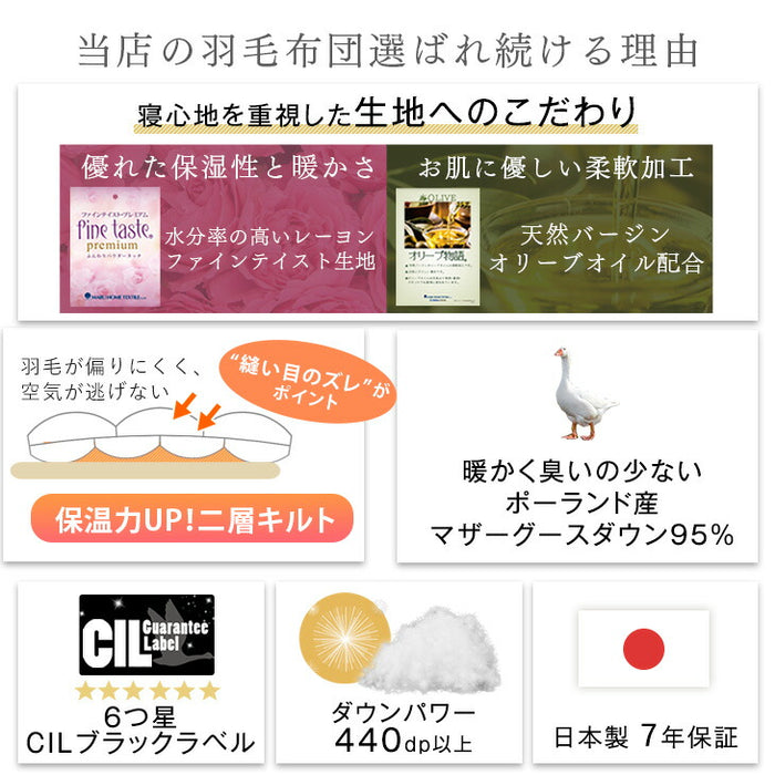 [ダブル] 1.6kg 羽毛布団 ポーランド産マザーグースダウン95％ CILブラックラベル 440dp 二層キルト 日本製 〔10119333〕
