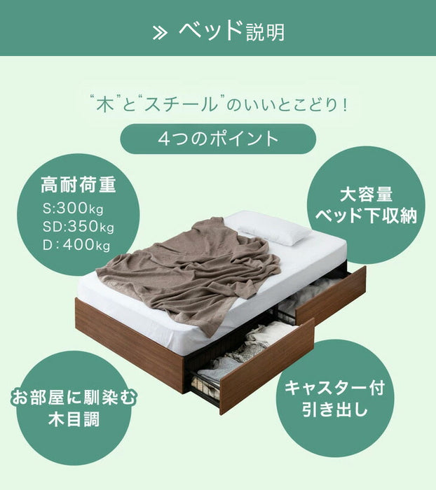 ［セミダブル］収納付きベッド マットレスセット ボンネルコイルマットレスセット フレーム頑丈 スチール 引出し付〔17620041〕