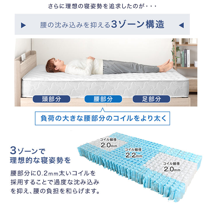 [シングル] ポケットコイルマットレス 3ゾーン構造 3Dメッシュ 厚み22cm ボリュームキルティング 〔17800019〕