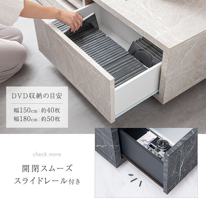 幅180cm 大理石＆セラミック調 テレビ台 プッシュ式引き出し 国産 完成品 ストーン調 TV台 ローボード マーブル柄【超大型商品】〔20010004〕