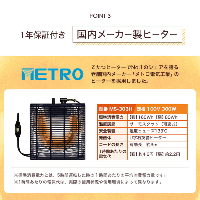 ［2点セット］こたつ テーブル 掛布団付き 長方形 300W 石英管ヒーター 木目調 省スペース〔21300015〕