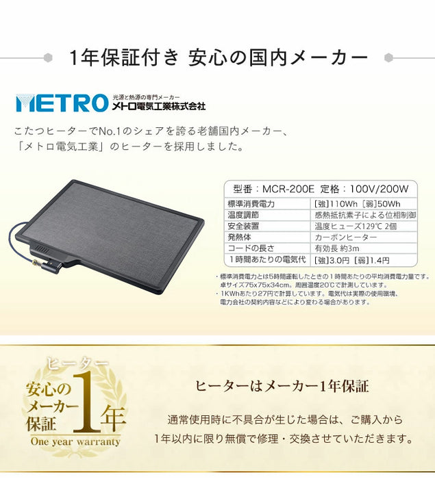 フラットヒーター 折れ脚こたつ 75×75 正方形 手元コントローラー付き 〔21300016〕
