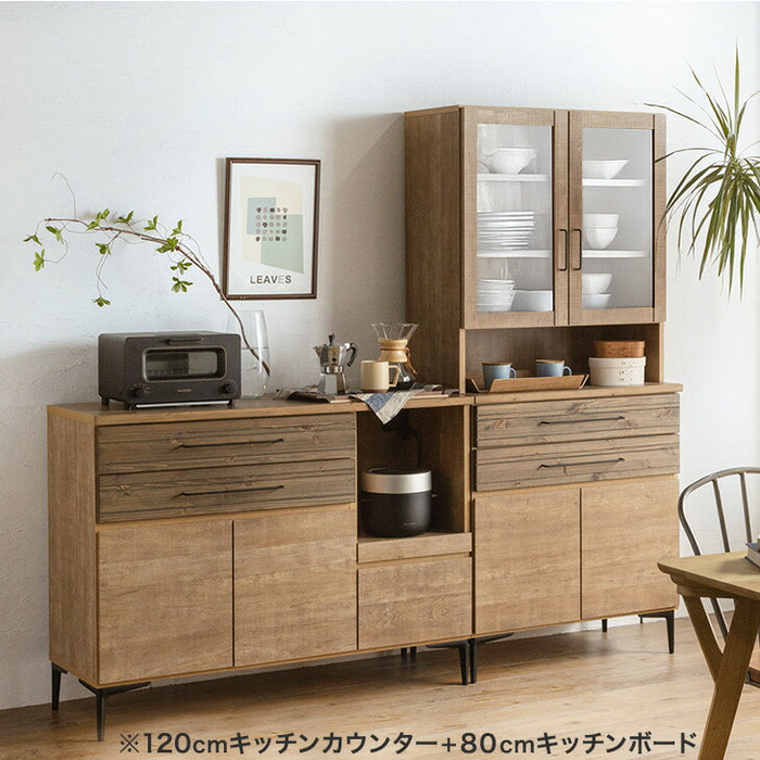 [ 幅80cm] 食器棚 ヴィンテージ調 国産 完成品 引き出し 扉収納 キッチン収納 北欧【搬入設置込み】【超大型商品】〔99901208〕