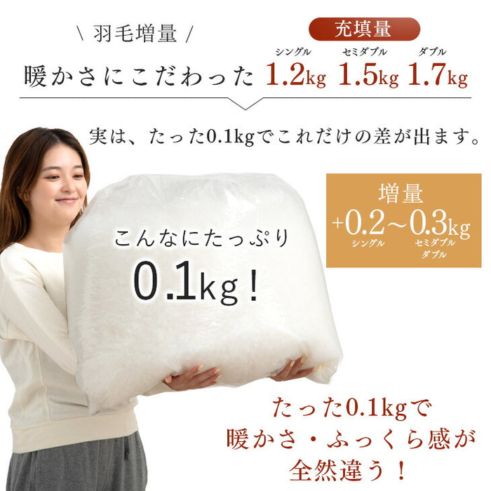 [セミダブル]羽毛布団 増量1.5kg 日本製 ホワイトグースダウン93％ 洗える CILゴールドラベル 36マス立体キルト 400dp以上 かさ高165mm以上 ７年保証 ウォッシャブル〔39100157〕