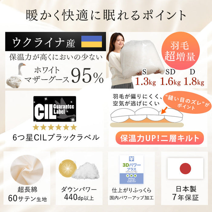 [セミダブル] 平和の羽毛 マザーグース 超増量1.5kg ウクライナ産 グース 95% 日本製 羽毛布団 二層キルト 60サテン 綿100％ 440 dp以上  洗浄度1500mm 抗菌 防臭 防ダニ ブラックラベル 〔39100357〕