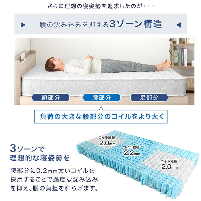 ［ダブル］すのこベッド 3ゾーン構造 ポケットコイルマットレス付 宮棚＆2口コンセント 宮棚付き マットレスセット 〔49600821〕