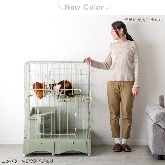 砂が飛ばニャい!? トイレ一体型 キャットケージ 2段 ハンモック スコップ 付き 猫用 大型〔52800016〕