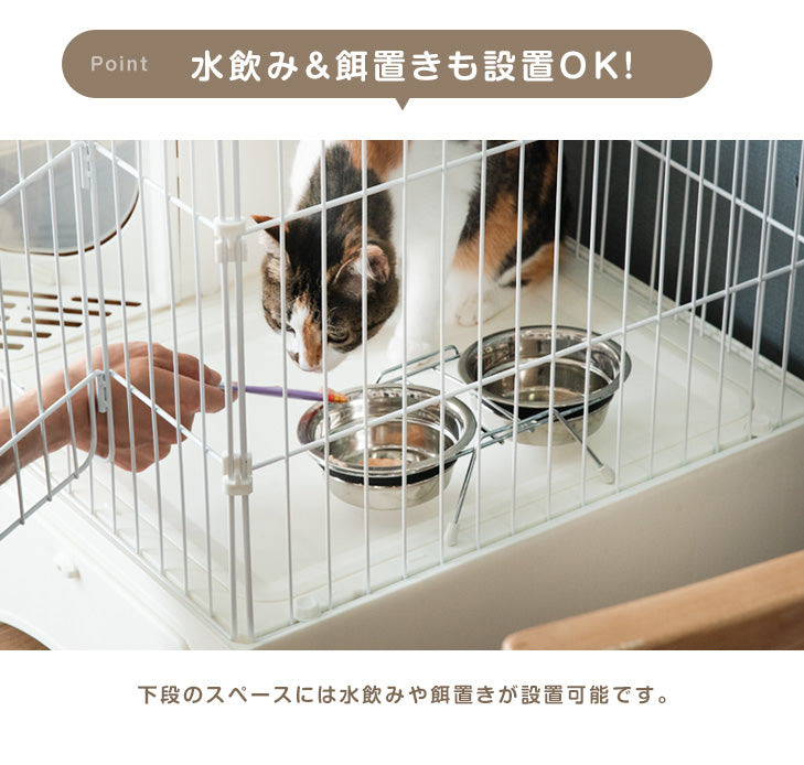 砂が飛ばニャい!? トイレ一体型 キャットケージ 2段 ハンモック スコップ 付き 猫用 大型〔52800016〕
