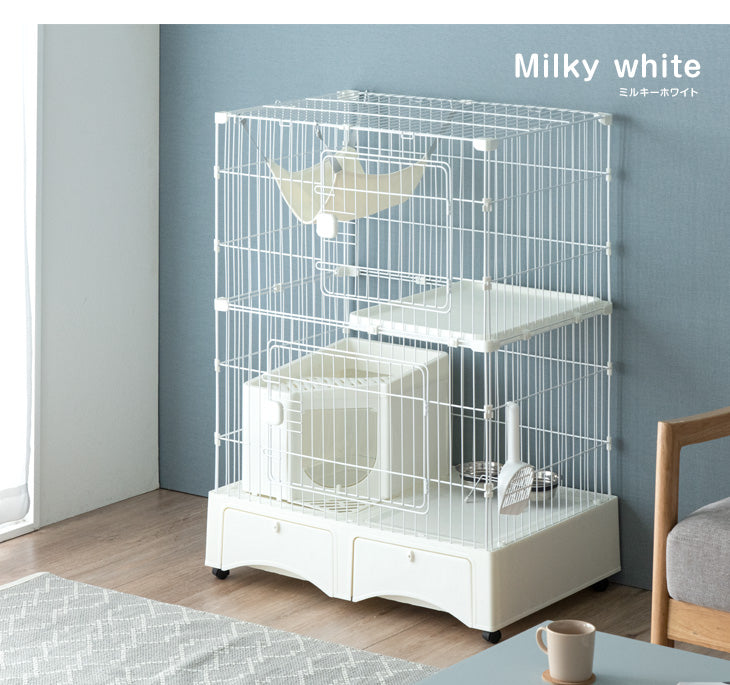 砂が飛ばニャい!? トイレ一体型 キャットケージ 2段 ハンモック スコップ 付き 猫用 大型〔52800016〕
