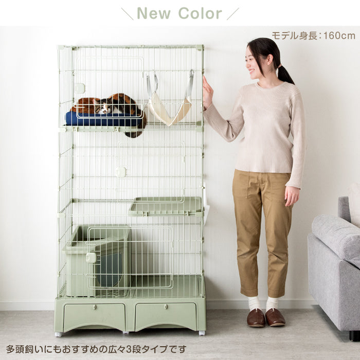 砂が飛ばニャい!? トイレ一体型 キャットケージ 3段 収納 ハンモック スコップ 付き 猫用 大型〔52800017〕