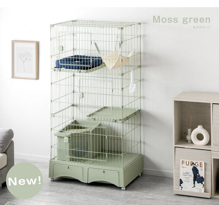 砂が飛ばニャい!? トイレ一体型 キャットケージ 3段 収納 ハンモック スコップ 付き 猫用 大型〔52800017〕