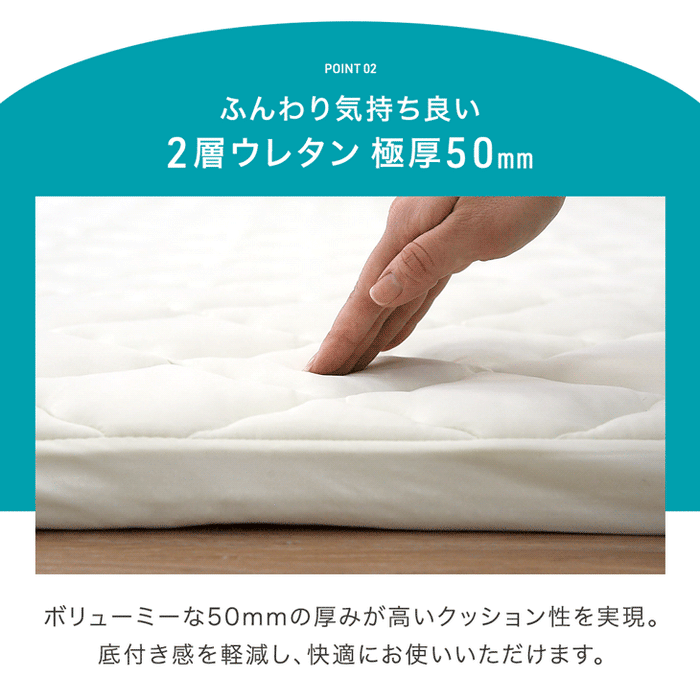［130×190］ひんやり冷感！極厚50mm 洗える カバーリングラグ 2層ウレタン Q-max0.5 防音 抗菌 防臭 防ダニ  滑り止め〔65010097〕