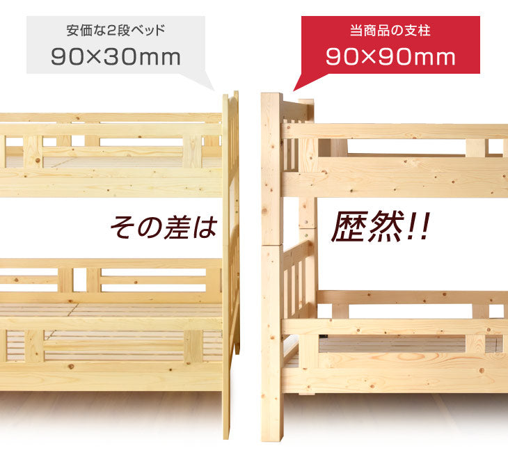 90ミリ角柱 二段ベッド 耐震設計 耐荷重900kg 天然木 分離可能 はしご すのこ【搬入設置込み】【超大型商品】〔99900154〕