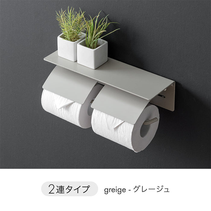 片手で切れる トイレットペーパーホルダー 2連 鉄製 おしゃれ 静音 トイレ用品 棚付き〔72600049〕