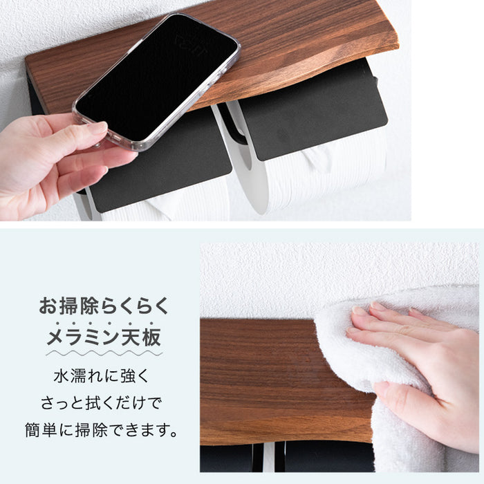 片手で切れる トイレットペーパーホルダー 1連 木目調 おしゃれ 静音 トイレ用品 棚付き 木製〔72600051〕