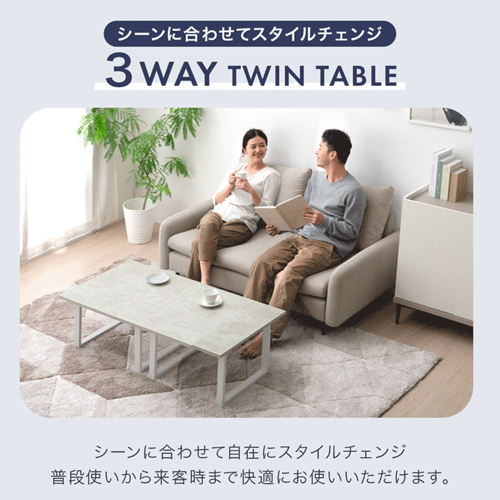 ［幅60cm］3way ツインテーブル モルタル調 2台セット 北欧 コンパクト ローテーブル〔72600091〕
