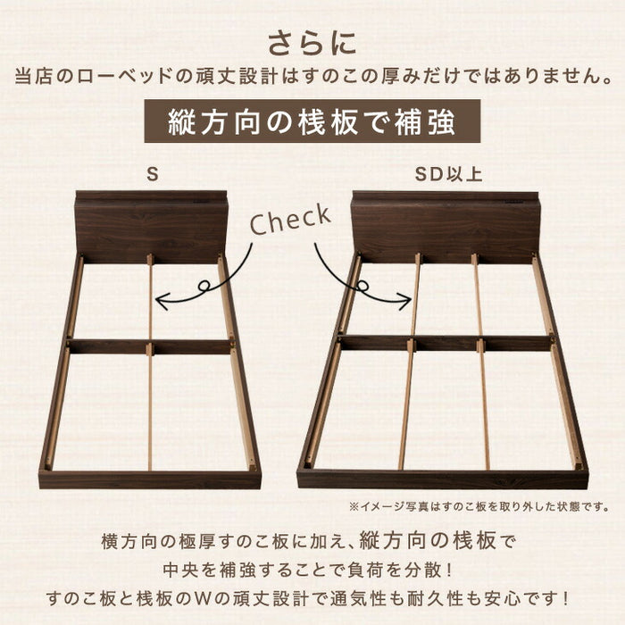 ［キング］USB・2コンセント&スマホスタンド付 ローベッド フレームのみ コンセント すのこ フレーム 木製 宮付き〔73400144〕
