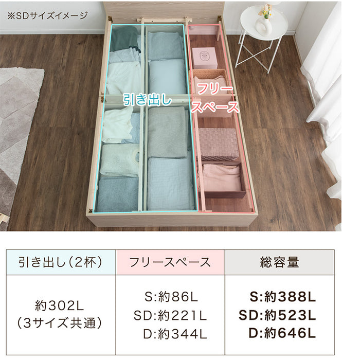[セミダブル] 衣替え 大容量ベッド マットレス付き ポケットコイル USB 2コンセント 宮付き ベッドフレーム ベット〔99900061〕