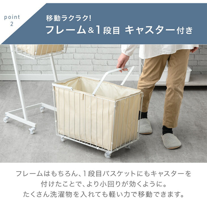 3段 大容量 ランドリーバスケット 袋 キャスター付き 防水 ランドリー収納 ワイヤーバスケット スリム 省スペース 洗面所〔84310027〕