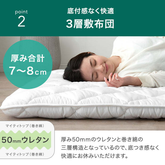 ［セミシングル］ごろ寝マット 厚み8cm 日本製 ウレタン入り 180×65 三層 敷布団 抗菌 防臭 防ダニ 布団 敷き布団 軽量 車中泊 お昼寝布団〔85500052〕