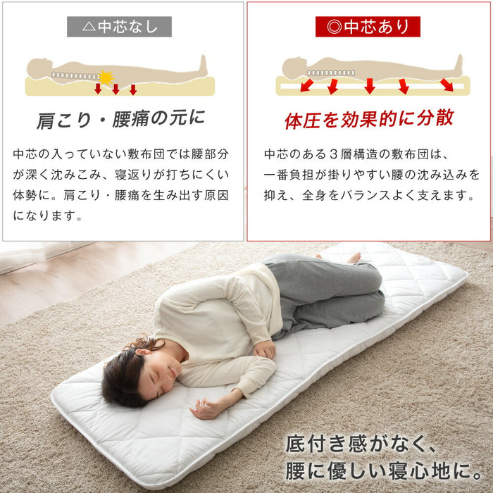 ［セミシングル］ごろ寝マット 厚み8cm 日本製 ウレタン入り 180×65 三層 敷布団 抗菌 防臭 防ダニ 布団 敷き布団 軽量 車中泊 お昼寝布団〔85500052〕