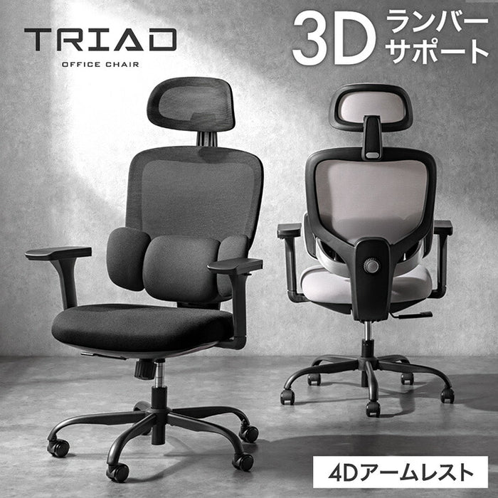 【新発売記念プライス】3Dランバー オフィスチェア 4Dアーム 肘付き ランバーサポート メッシュ アームレスト ヘッドレスト〔95200002〕